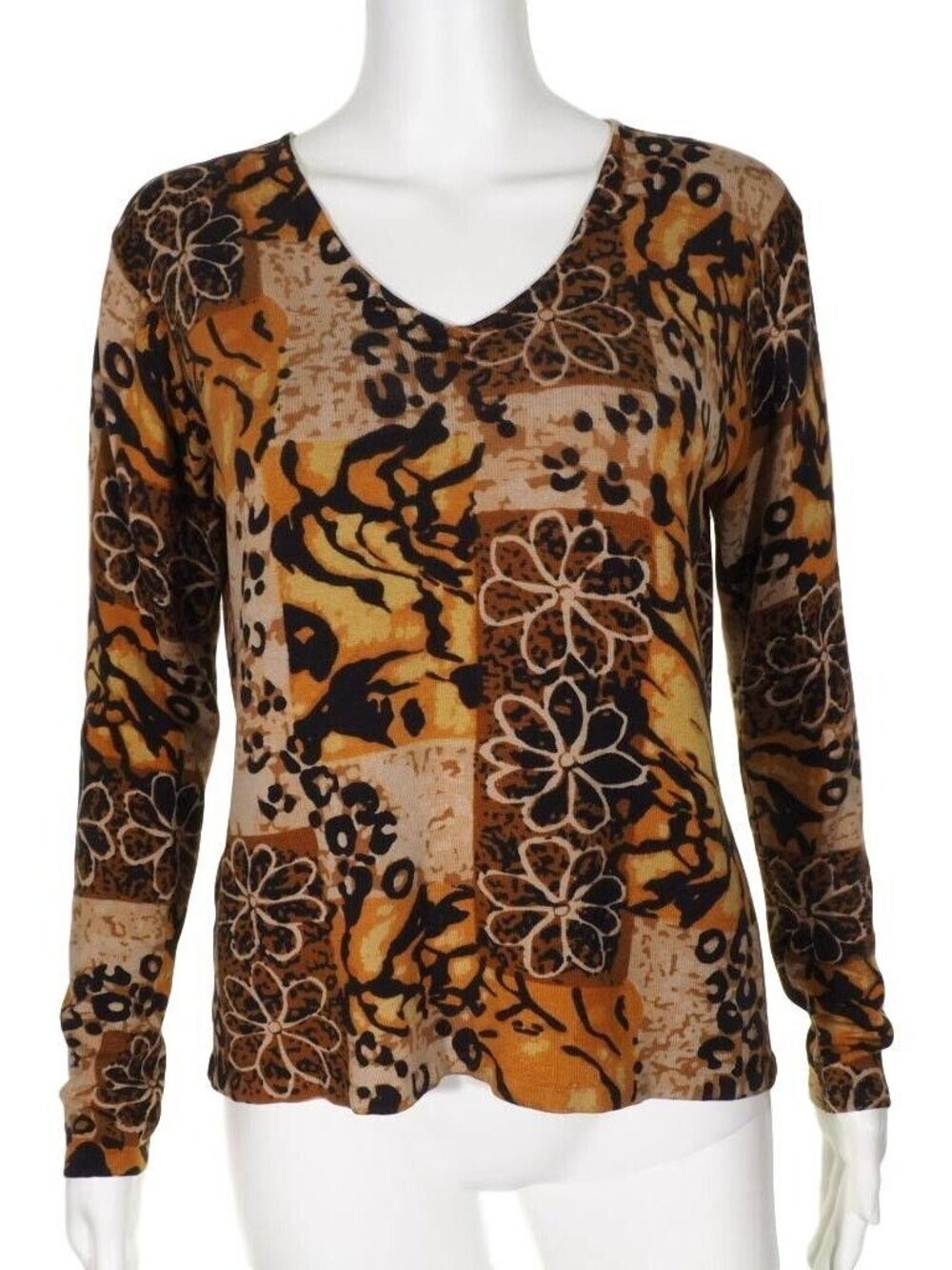 Joseph A Top Womens Large Sweater Silk Blend Brown Multi Colored V Neck Stretch